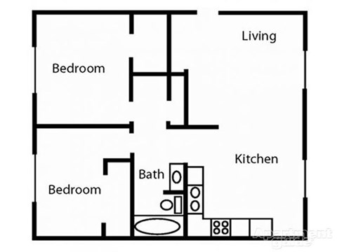 A black and white drawing of a house layout with two bedrooms, a living room, a kitchen, and a bathroom.